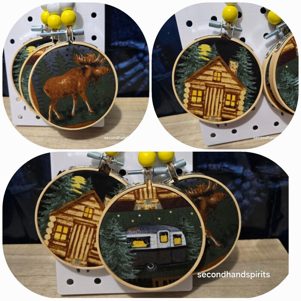 Farmhouse Handmade Fabric Holiday Christmas Ornaments Lot Of 3 Camper,Elk,Cabin